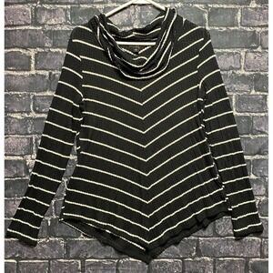IN Studio Sweater Womens Petite Large Black White Striped Asymmetrical Hem Cowl